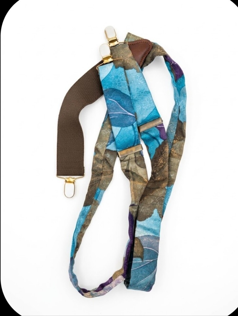 VTG Mens Woven Silk Jacquard Suspenders Y-Back Germany Clips Blue Brown Leather